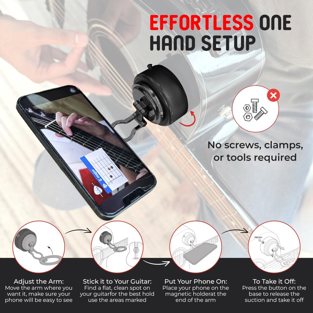 Guitar Phone Mount HandsFree Holder with Vacuum Suction for Tutorials & Tabs