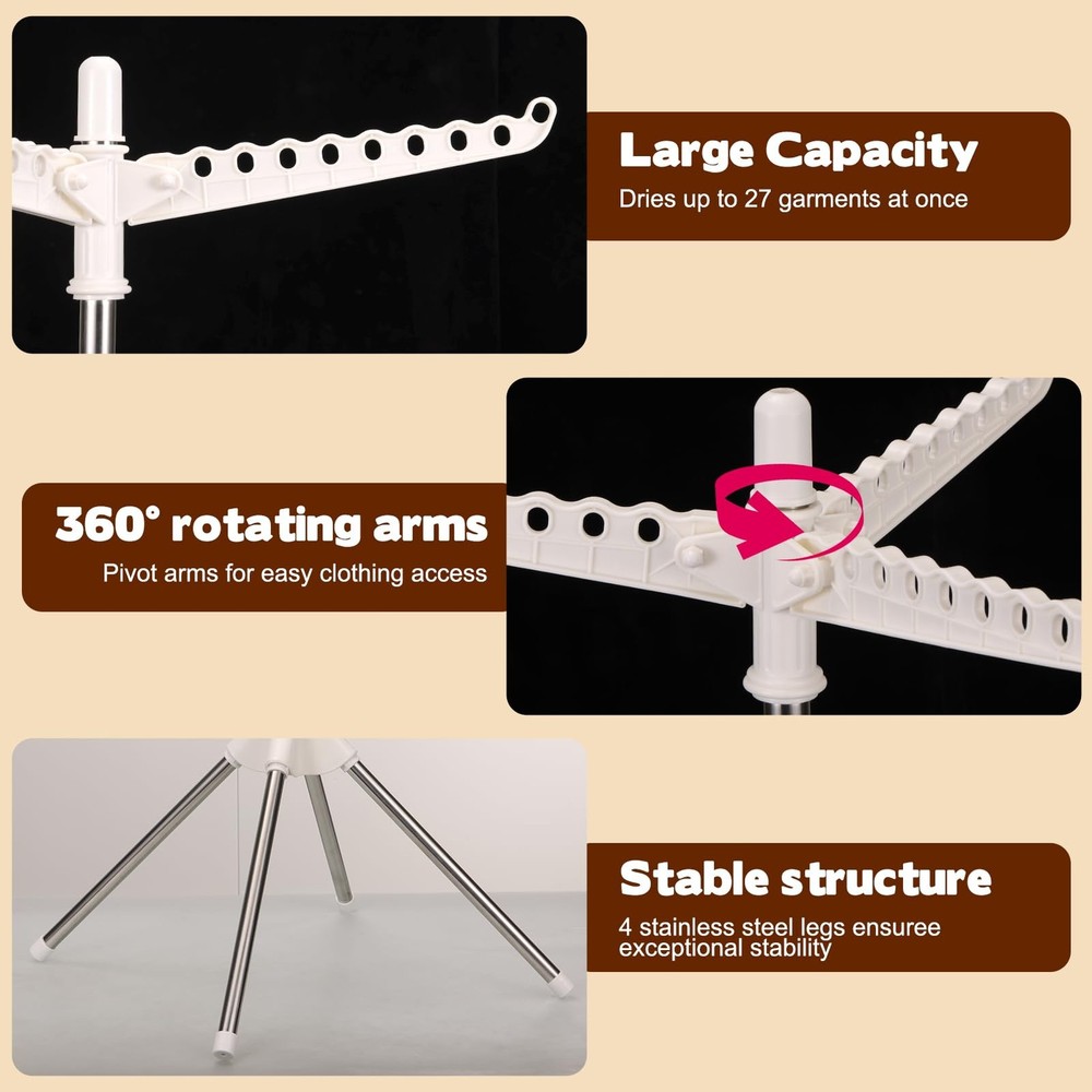 Rotatable and Foldable Clothes Drying Rack 59 Inch Laundry Drying Tree with 2...