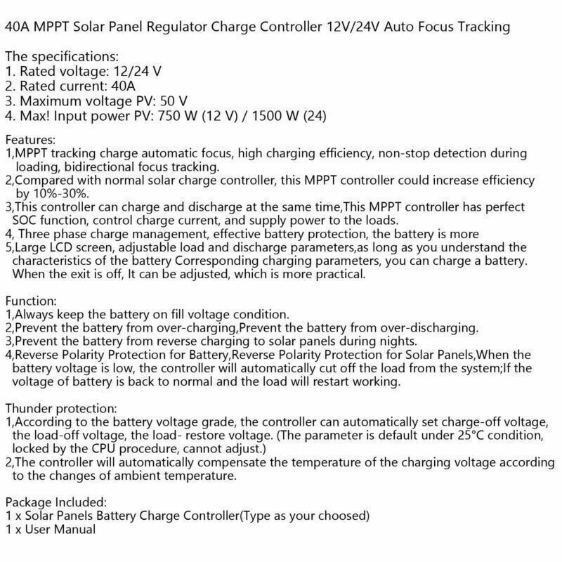 🚀40A MPPT Solar Panel Regulator Charge Controller 12V/24V Auto Focus Tracking!!