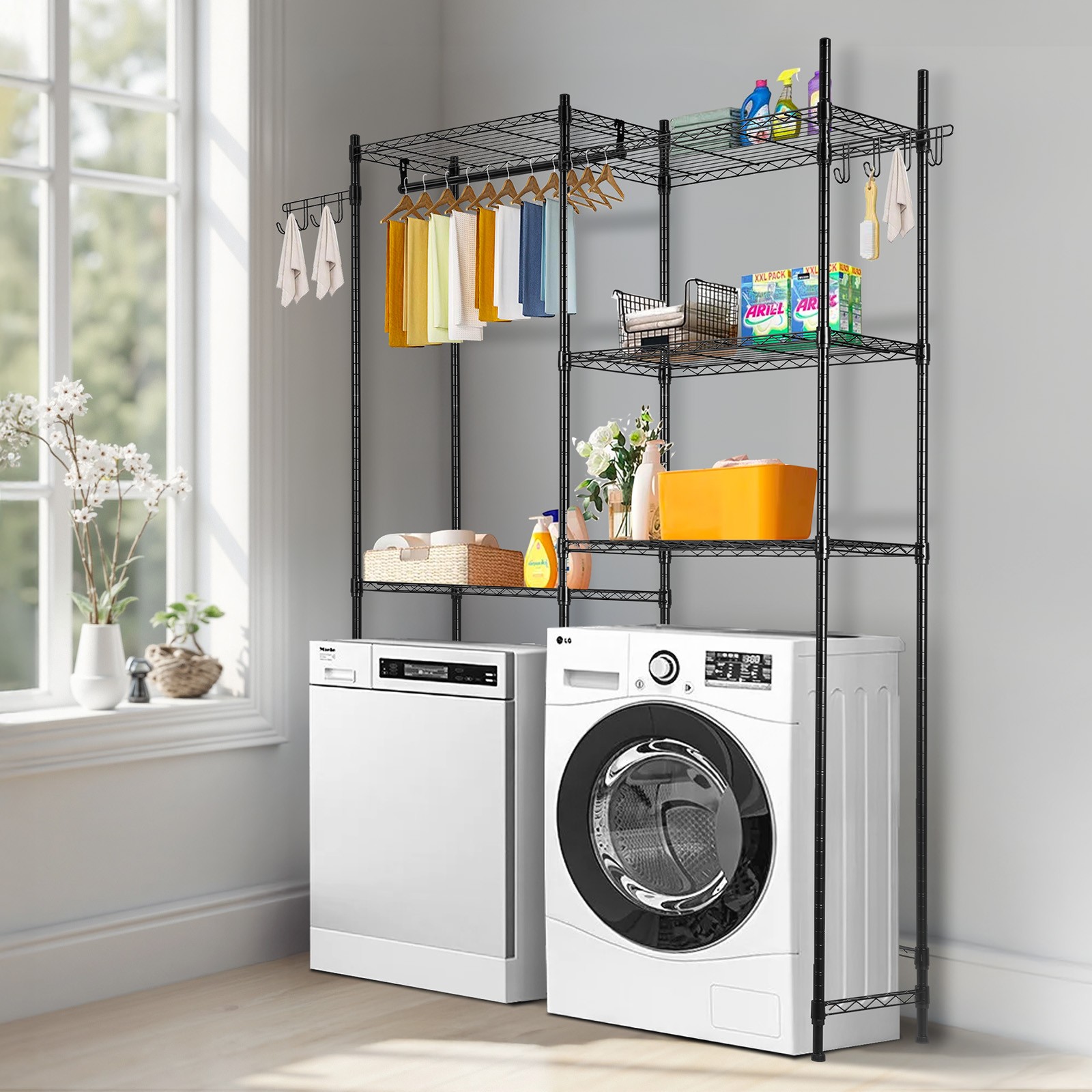 VEVOR Over Washer and Dryer Storage Shelf Two Row 5 Tiers Washer Rack Black