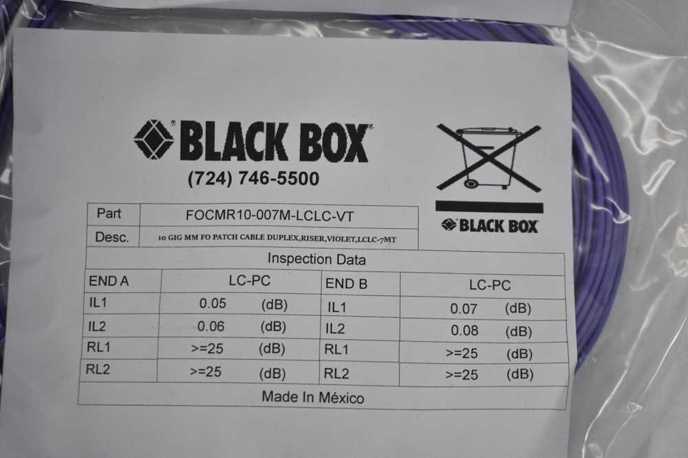 Black Box 10 Gig MM FO Patch Cable Duplex Fiber Riser Cable Violet LCLC-7MT