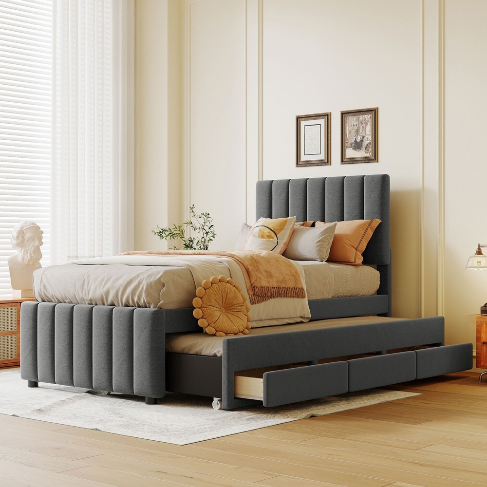 Twin Size Bed Frame Upholstered Platform Bed w/ Pull Out Trundle & 3 Drawers