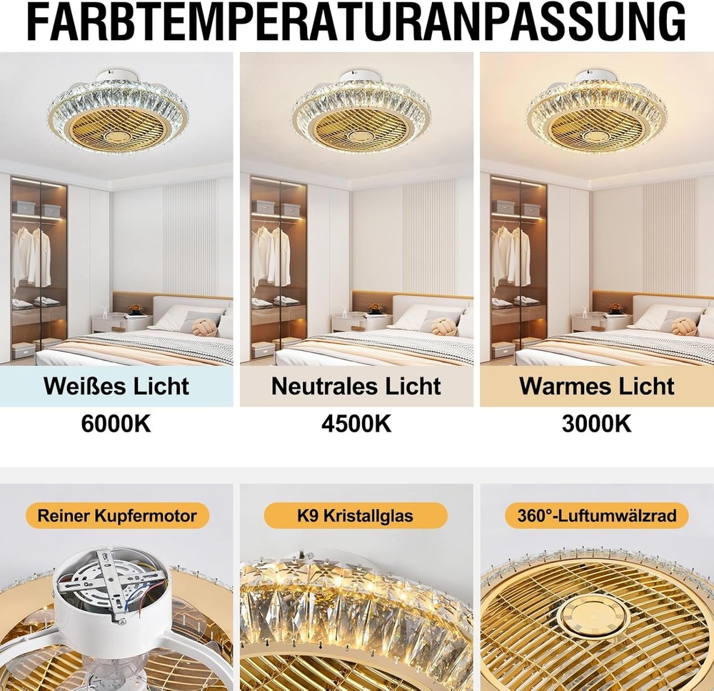 Circulation Crystal Ceiling Fan with Dimmable Light 72W Remote Control Modern