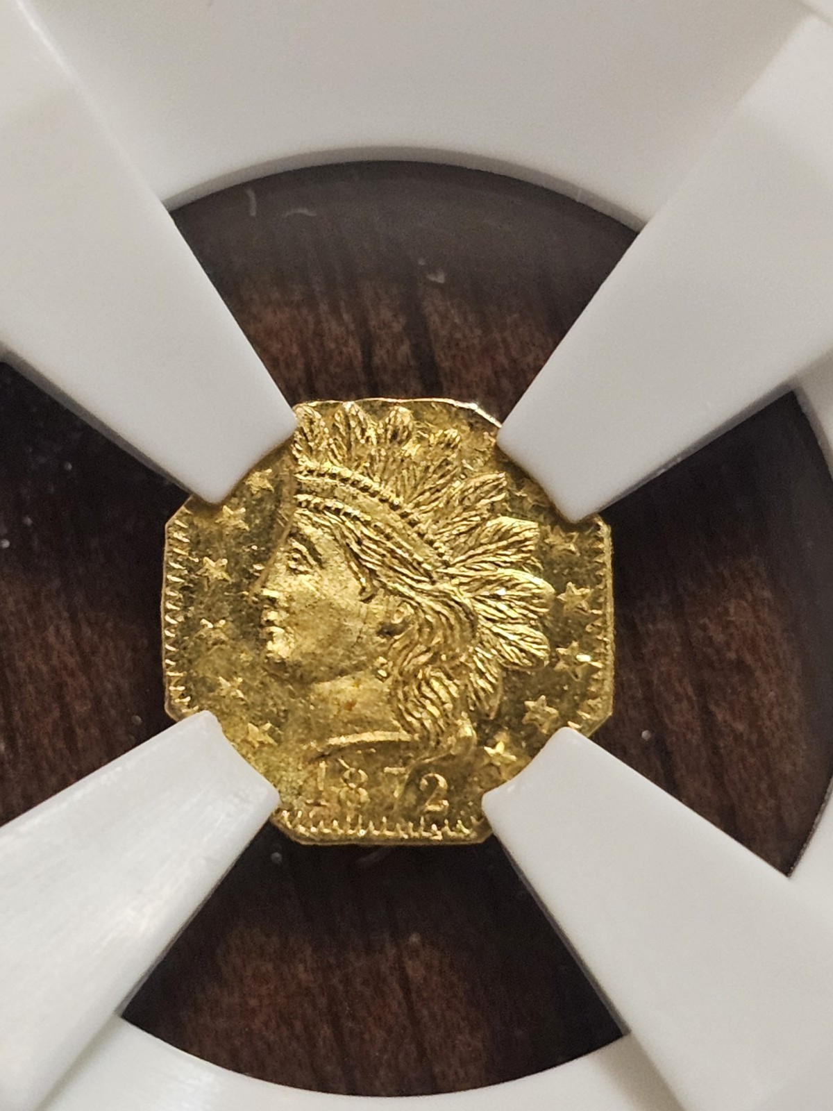 1872 Octagonal Indian California Fractional Gold Coin G25C BG-791 NGC MS64 1/4