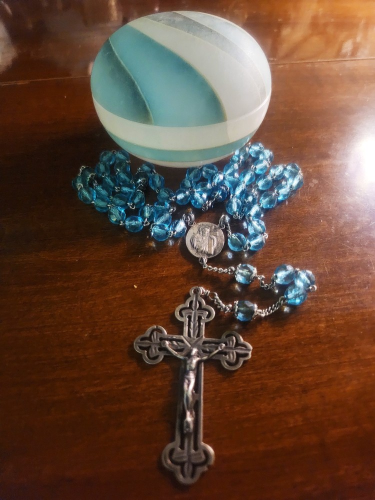 Vintage Italy Sterling Silver Aqua Blue Crystal Rosary & Vtg MCM Alabaster Case