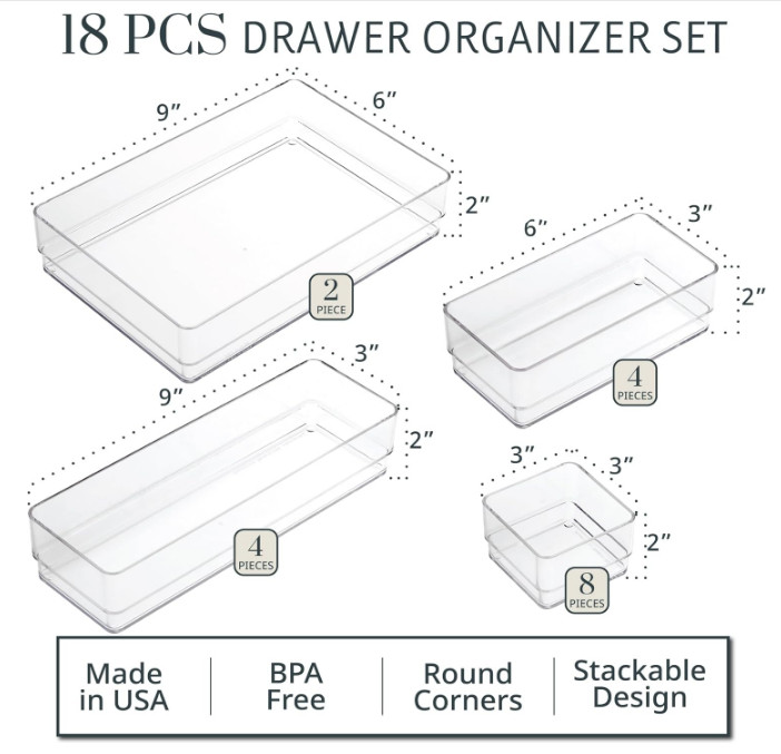 STORi SimpleSort 18-Piece Stackable Clear Drawer Organizer Set Multi-size