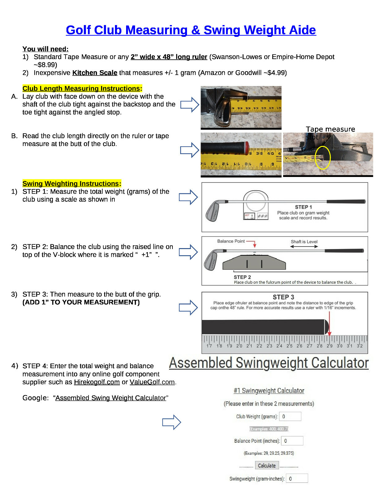 Golf Club Length & Swing Weight Balance Scale Fitting Tool - Measurement Fitting