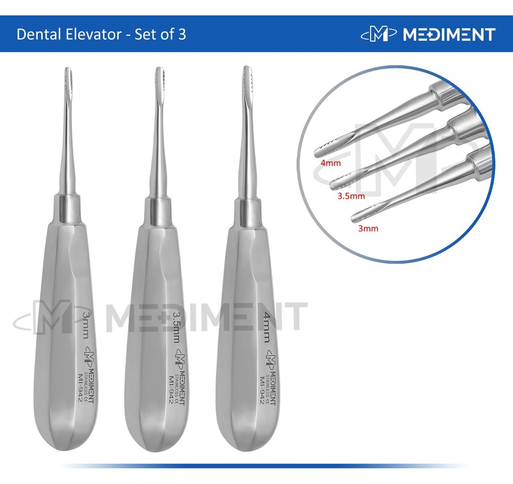 Dental Elevator Root Instruments STRAIGHT SERRATED Tip 3mm, 3.5mm, 4mm
