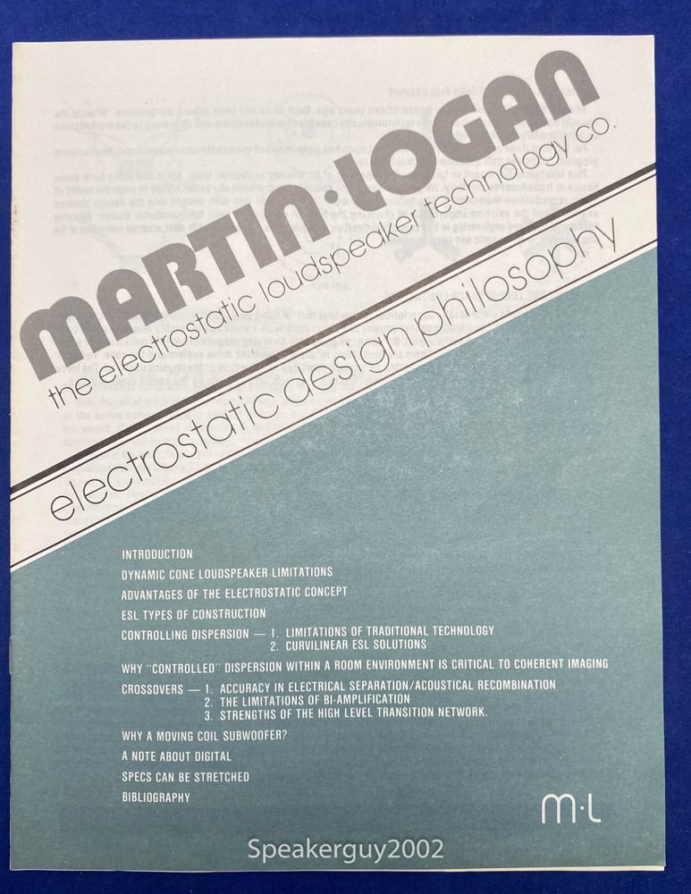 Original Martin Logan Electrostatic Design Philosophy Manual