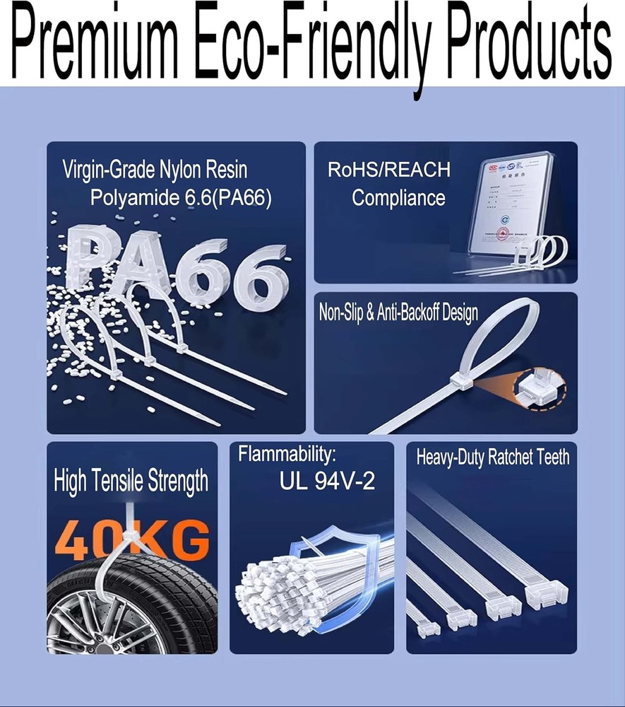 Cable Ties Assorted 300PK, LANGTSA Nylon White