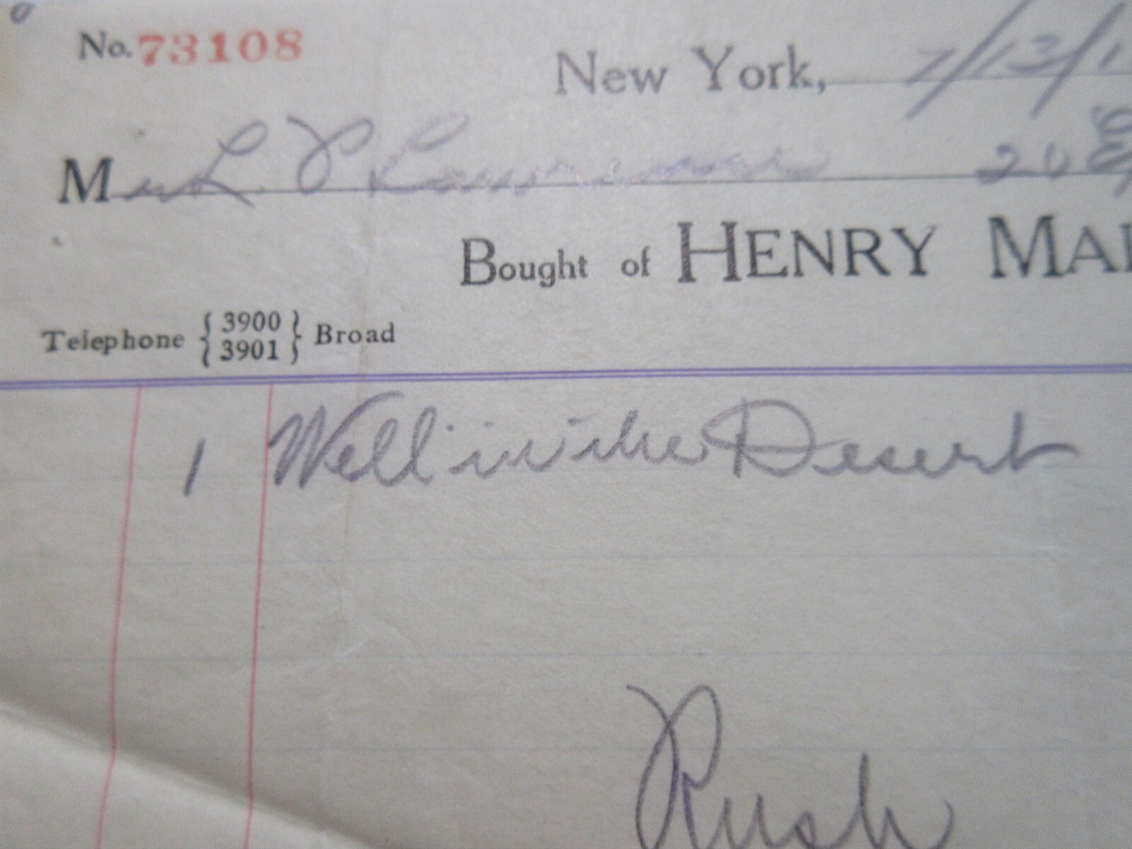 1914 Henry Malkan Bookseller receipt for Well in the Desert New York City