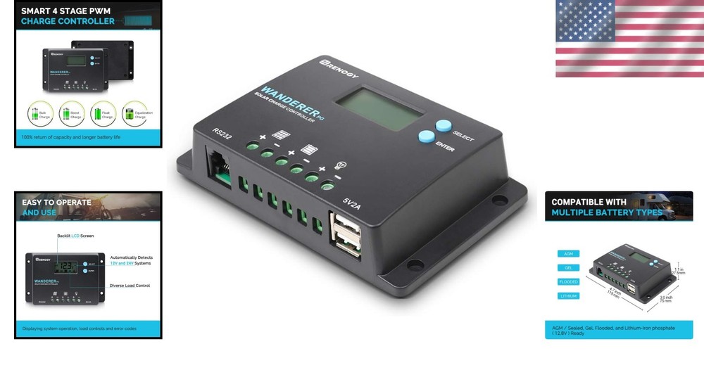 Compact 10A PWM Solar Charge Controller for Deep Cycle Batteries & USB Charging