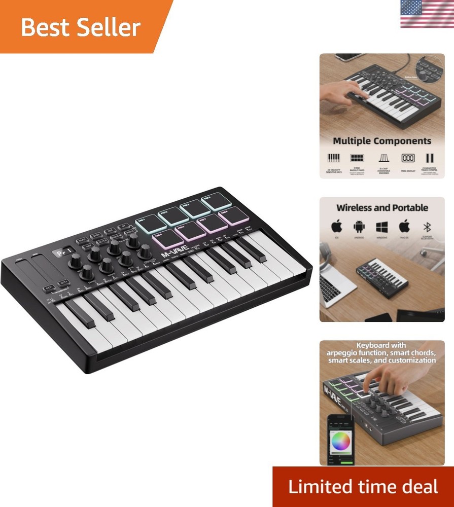 Wireless Bluetooth 25-Key MIDI Controller with Backlit Pads for Modern Musicians