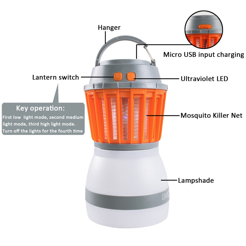 Portable LED Camping Lantern and Mosquito Killer USB Rechargeable+Solar Panel