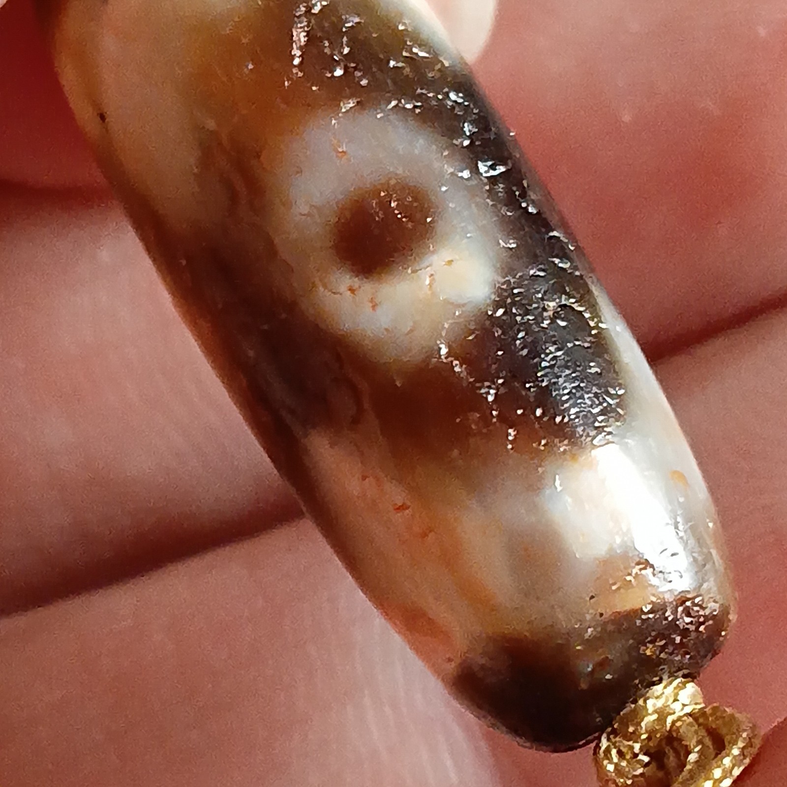 Tibetan Agate Pre 1800s 3 eye Dzi Bead Necklace