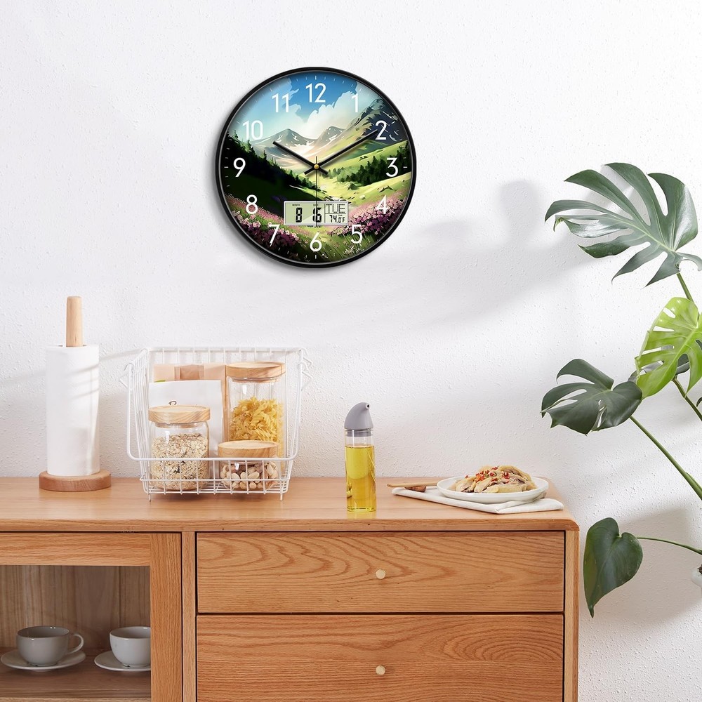 Digital Large Display Silent Wall Clock with Temperature Date Mountain Flower...