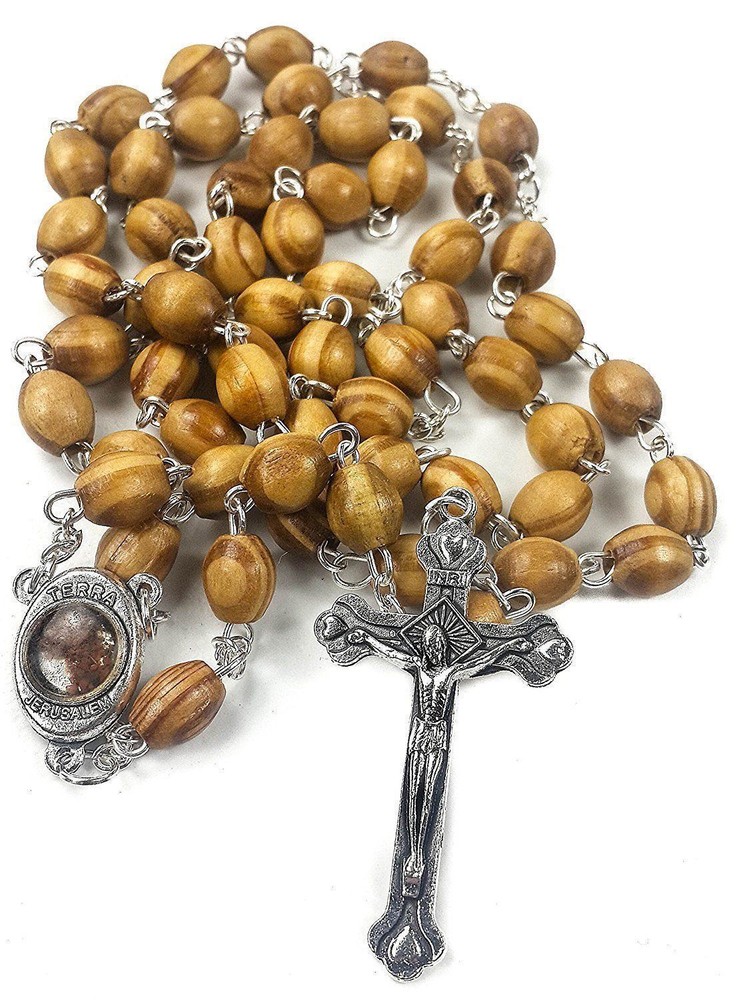 CATHOLIC ROSARY Olive Wood Necklace+pouch Handmade in JERUSALEM ~ FAST US SELLER