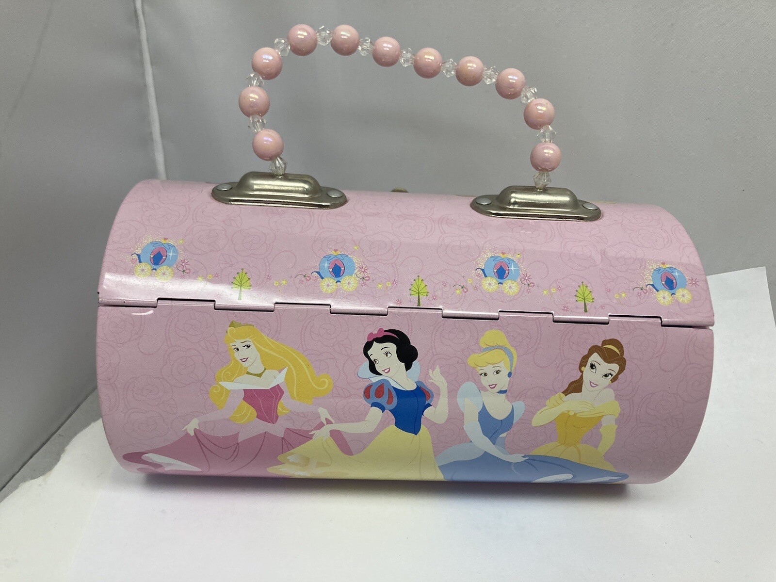 Disney Princess Beaded Pink Tin Tote Purse Case Snow White Cinderella Belle