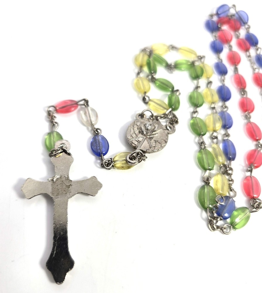 Rainbow oval plastic beaded vintage rosary crucifix