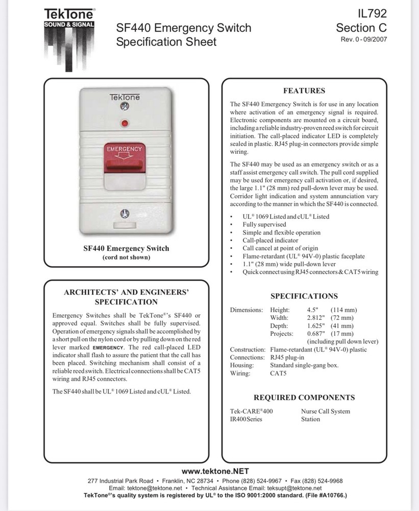 TEKTONE SF440 New, open bag. Emergency Switch Pull