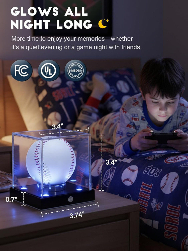 Baseball Display Case Led, Clear Cube Baseball Holder with Memory Function, Auto