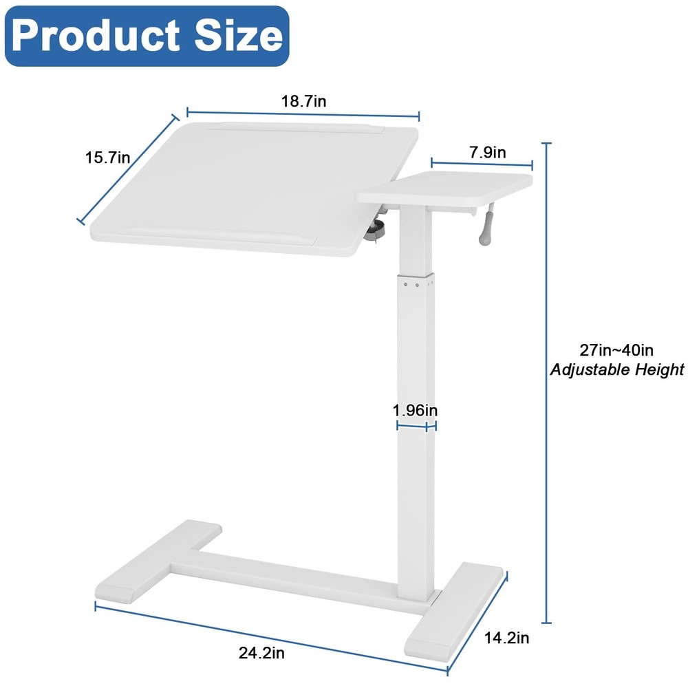 PUNCIA Height Adjustable Overbed Table with Pneumatic Lift Rectangular, White