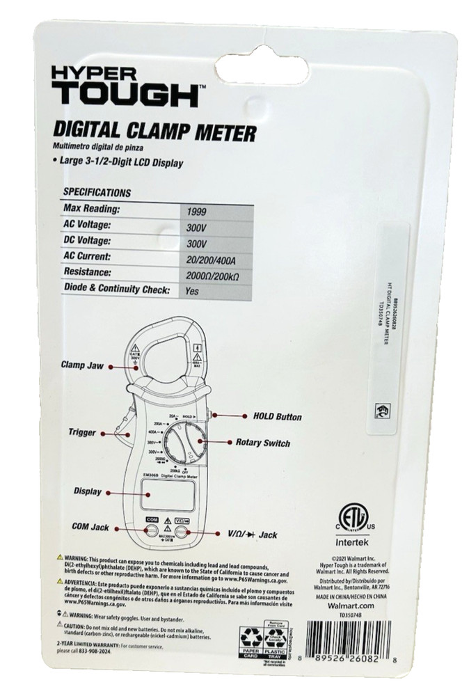 Hyper Tough Digital Clamp Meter Electrical Wire Current Tester with LCD Screen