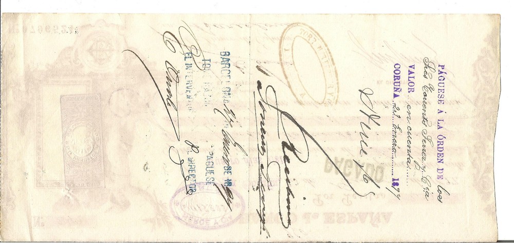 SPAIN, BANCO de ESPANA cheque, 1897