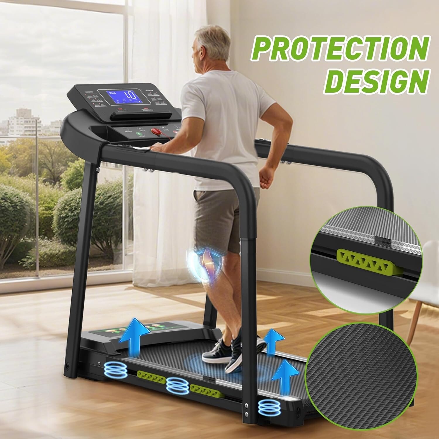 Foldable Walking Pad Treadmill for Senior with Extended Handrails & Deck 300 LBS