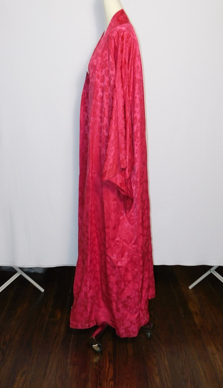 Vtg Womens Fuchsia Pink Floral Silk Damask Full Length Kimono Robe Nightwear