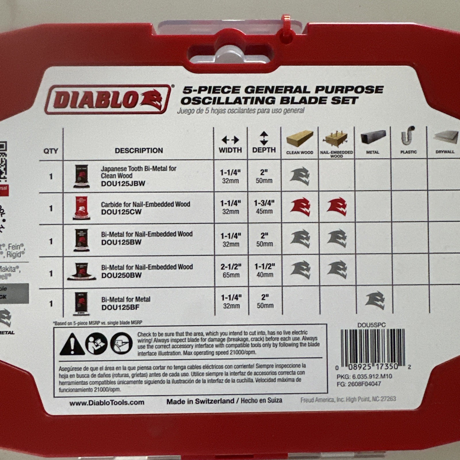 New Diablo Swiss Universal Fit Wood & Metal Oscillating Blade Set 5pc DOU5SPC