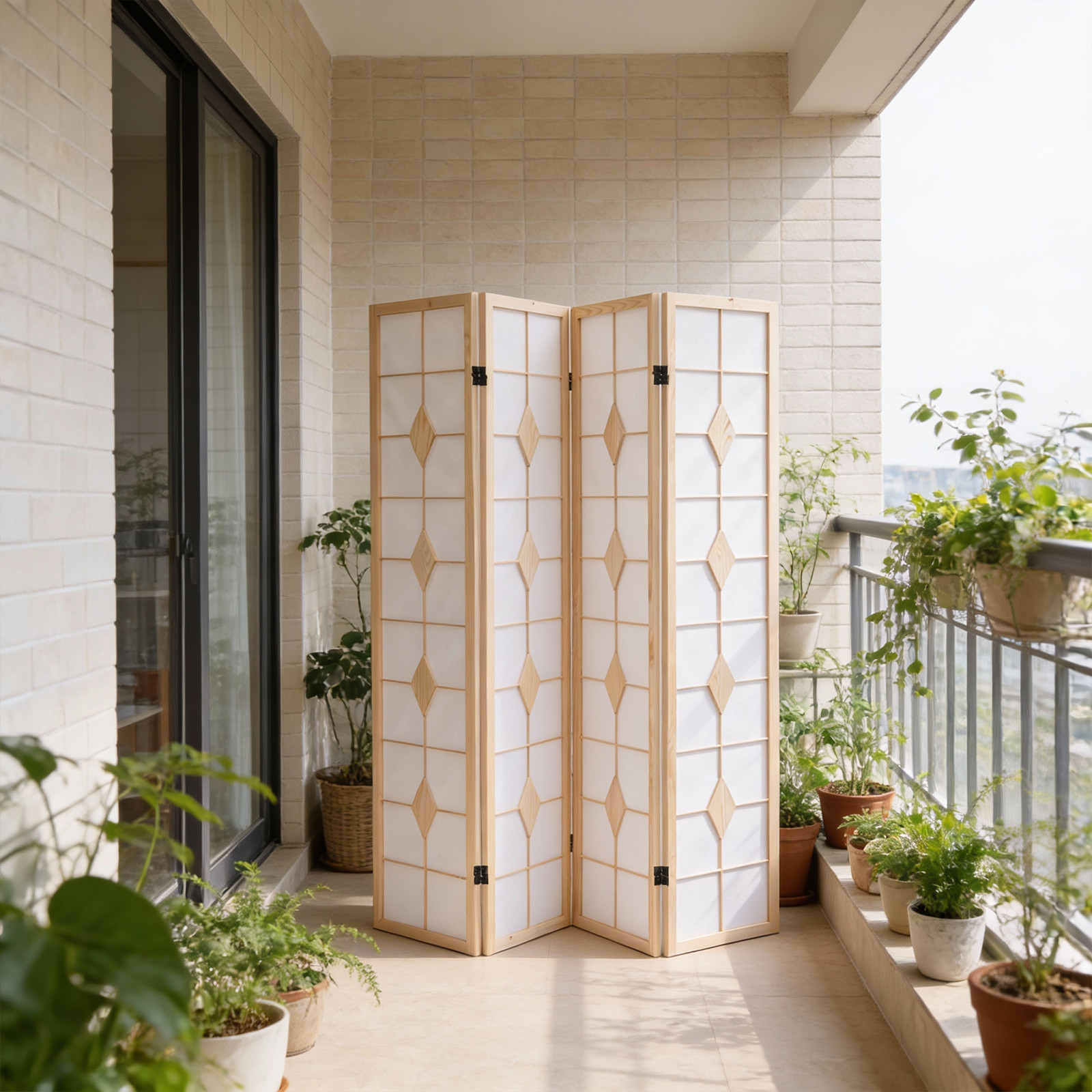 4 Panel Folding Room Dividers Wooden Privacy Screen Fabric Wall Separation White