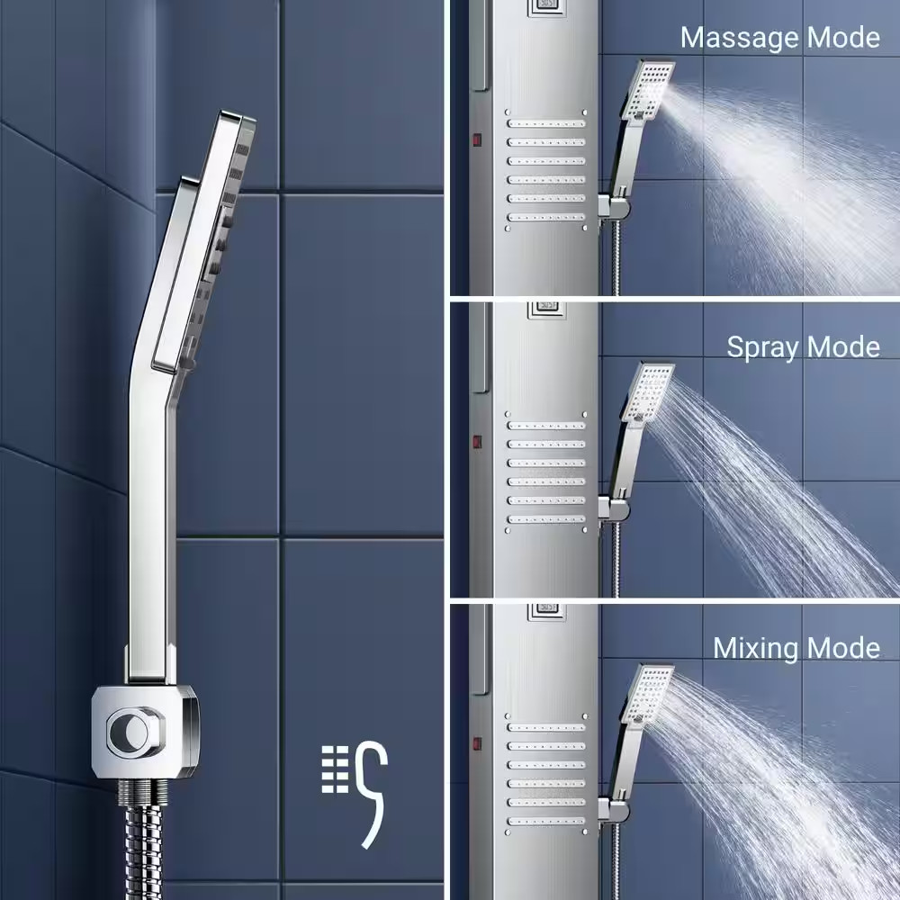 55 In. 6-Jet LED Rainfall Waterfall Shower Panel System with Adjustable Hand Bod