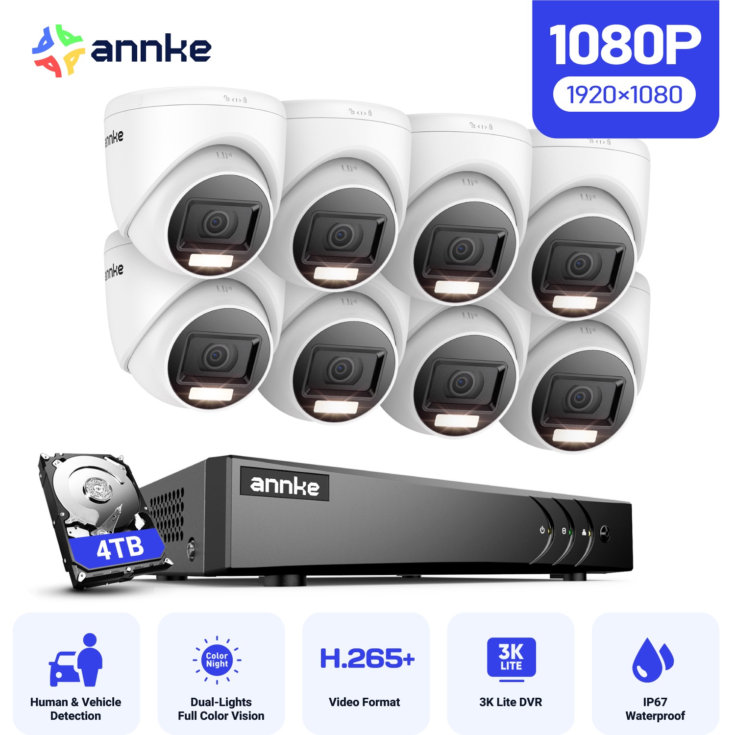 ANNKE 8CH 5MP Lite DVR Outdoor 1080P CCTV ecurity Camera System AI Color Night