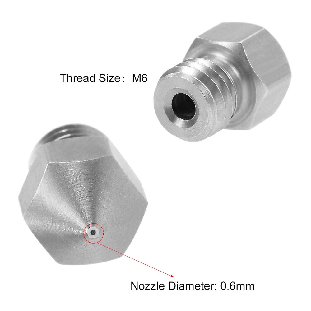 0.6mm 3D Printer Nozzles Head M6 Thread Replacement Stainless Steel 5PACK