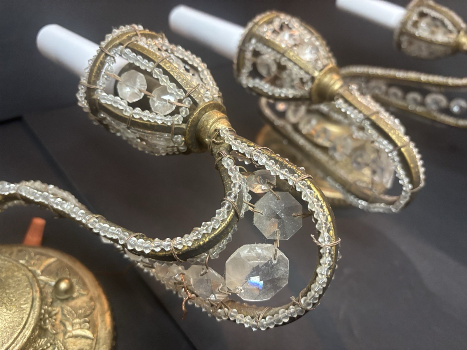 Pair Double Arm Wall Sconces Crystals Beaded Antique Style