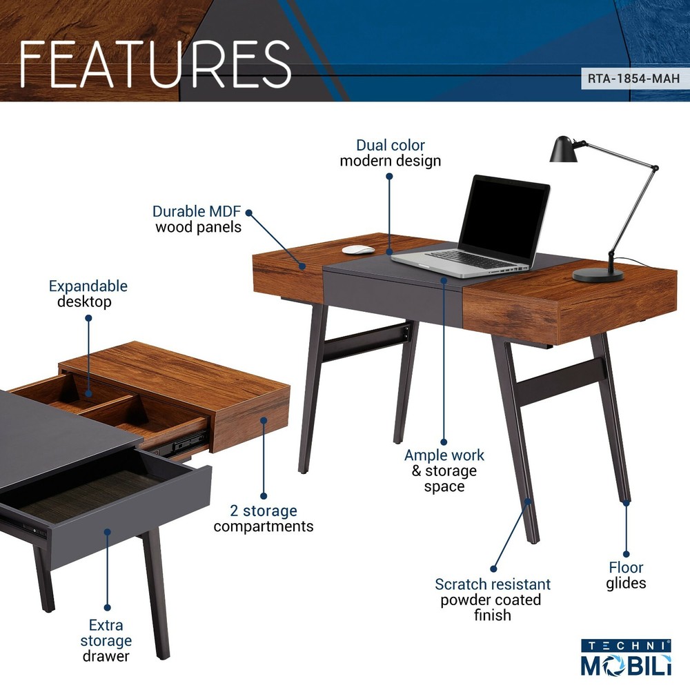 Techni Mobili Writing Desk Workstation w/ Multi-Storages & Pull-Out Front Drawer