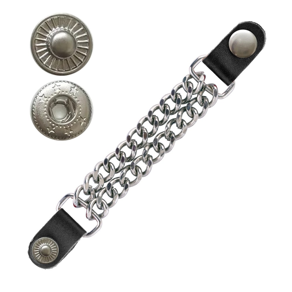 Classic Chrome S-Spring Snap Button Black Leather Silver Chain Vest Extender