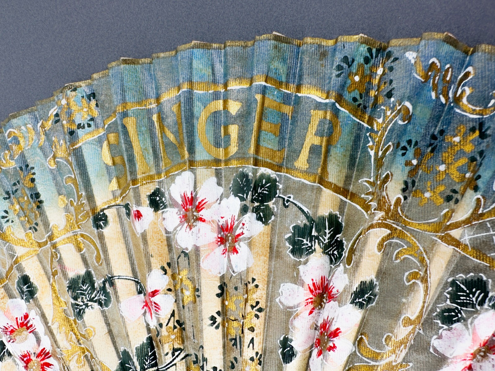 Singer Sewing Advertising Fan Antique Hand Painted Washi Japan 1921-1930