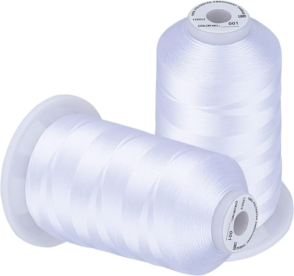 Embroidery Thread 5500 Yards White 001, 2 Huge Spools 40wt Polyester for Brot...