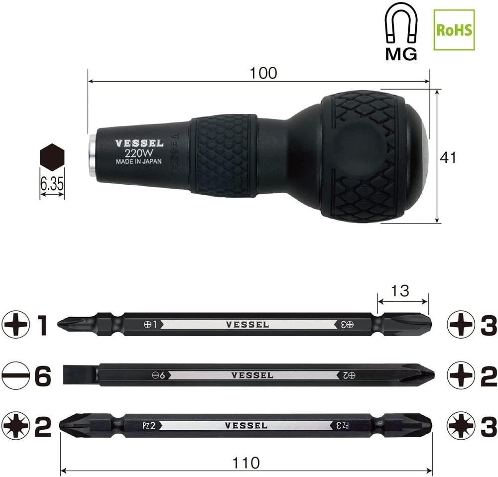 VESSEL BALL GRIP 1/4" Hex. Bit Interchangeable Screwdriver Bit 3PC. +1 +3 / +...