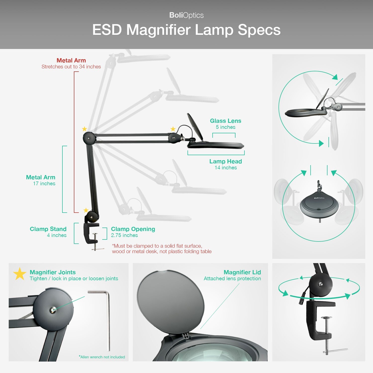 ESD LED Magnifying Lamp w/ Clamp for PCB Soldering, Electronics Repair
