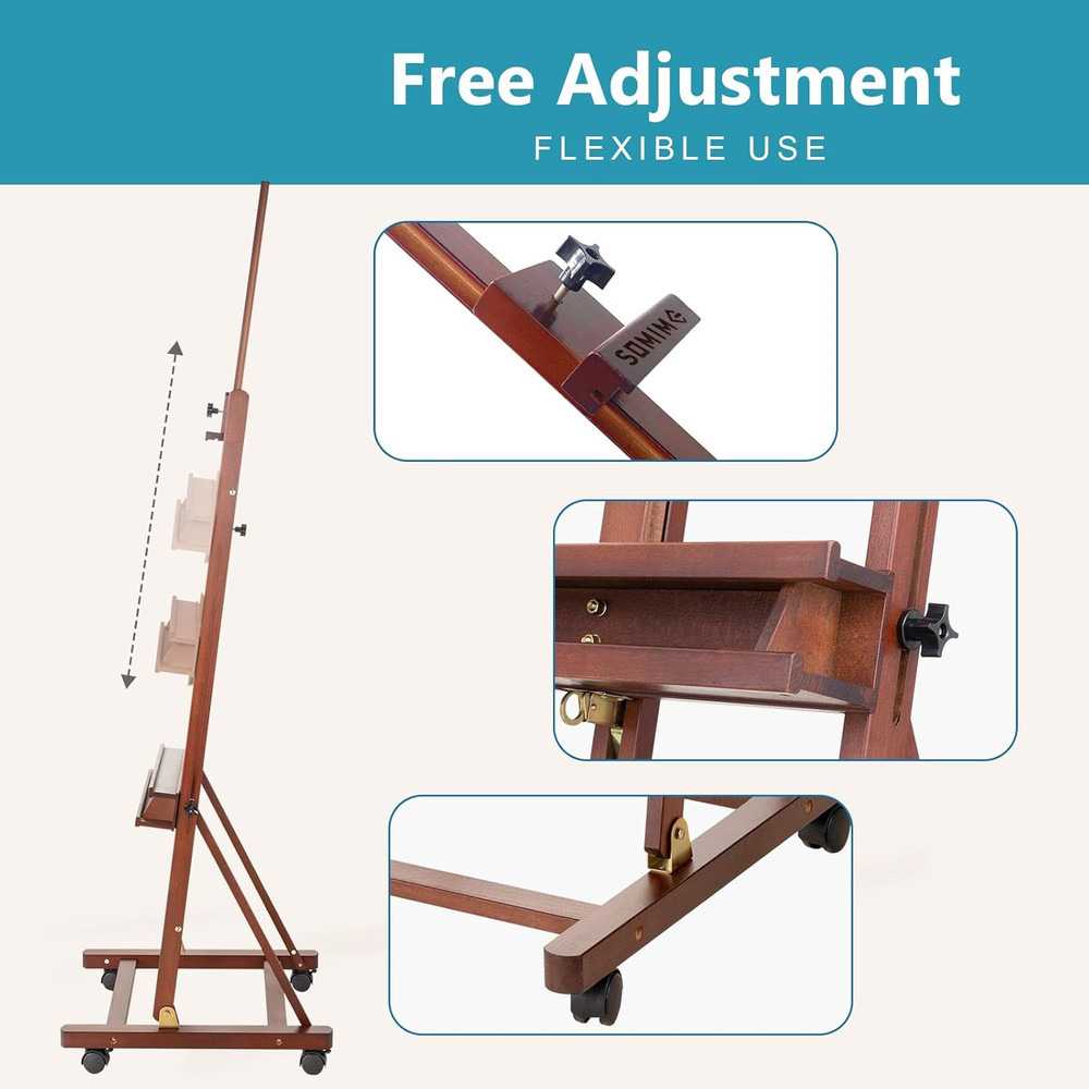 Adjustable Beechwood Studio Easel with Wheels & Storage for Canvas Up to 51