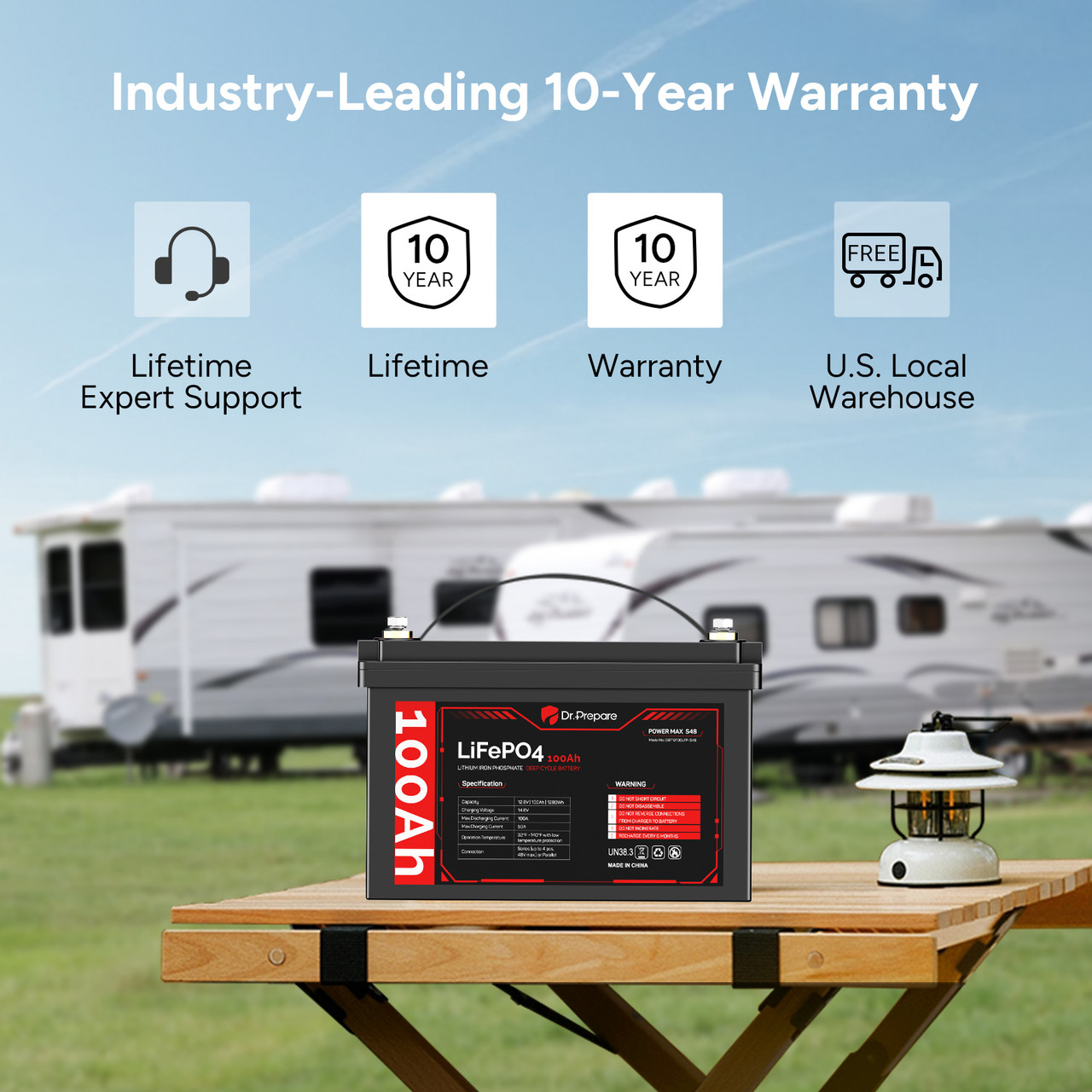 Dr. Prepare 12V 100Ah LiFePO4 Lithium Deep Cycle Battery [10-year Warranty]
