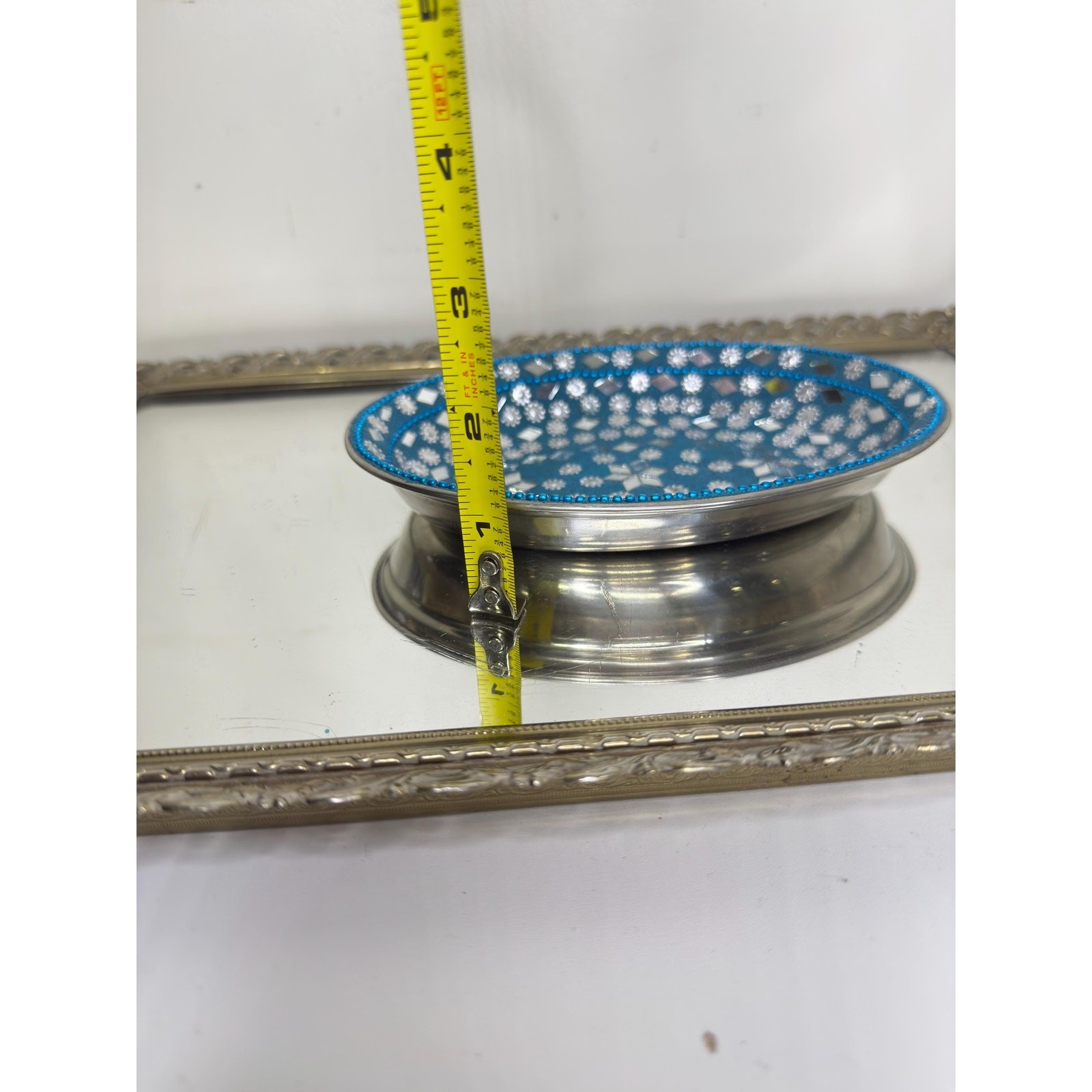 Vintage India Blue and Silver Mirroed Mosiac Tray for trinkets and jewelry