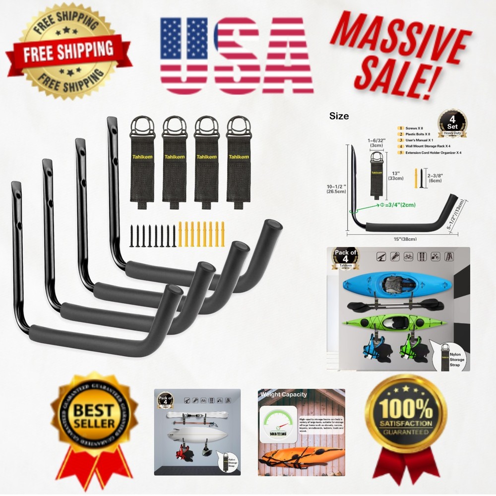 Easy Install Kayak & Bicycle Wall Hooks - Max Load 50lbs, Black Storage Solution