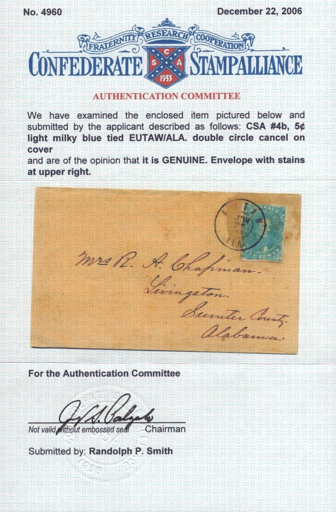CSA Cover, CSA #4b 5¢ Light Milky Blue, CDS JUN 1862 EUTAW ALA, CSA CERT