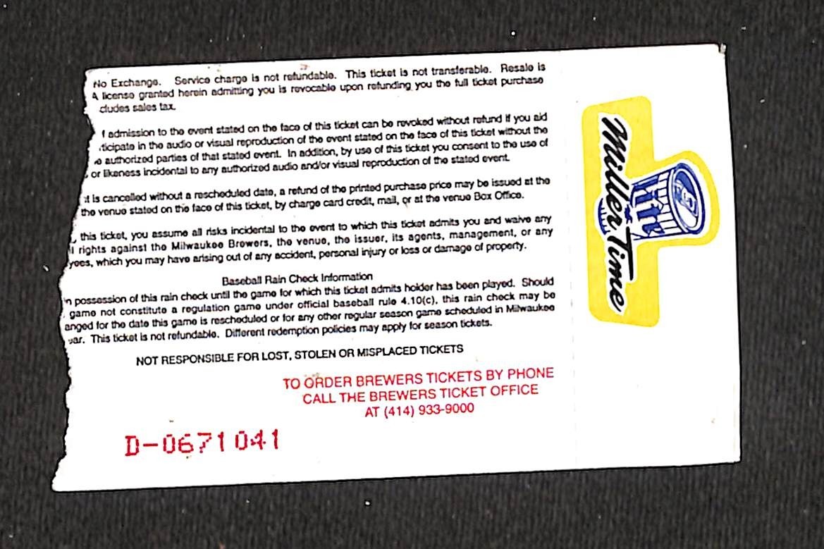 SEPTEMBER 18, 1998 ST. LOUIS CARDINALS @ MILWAUKEE BREWERS TICKET STUB, SEAT 5