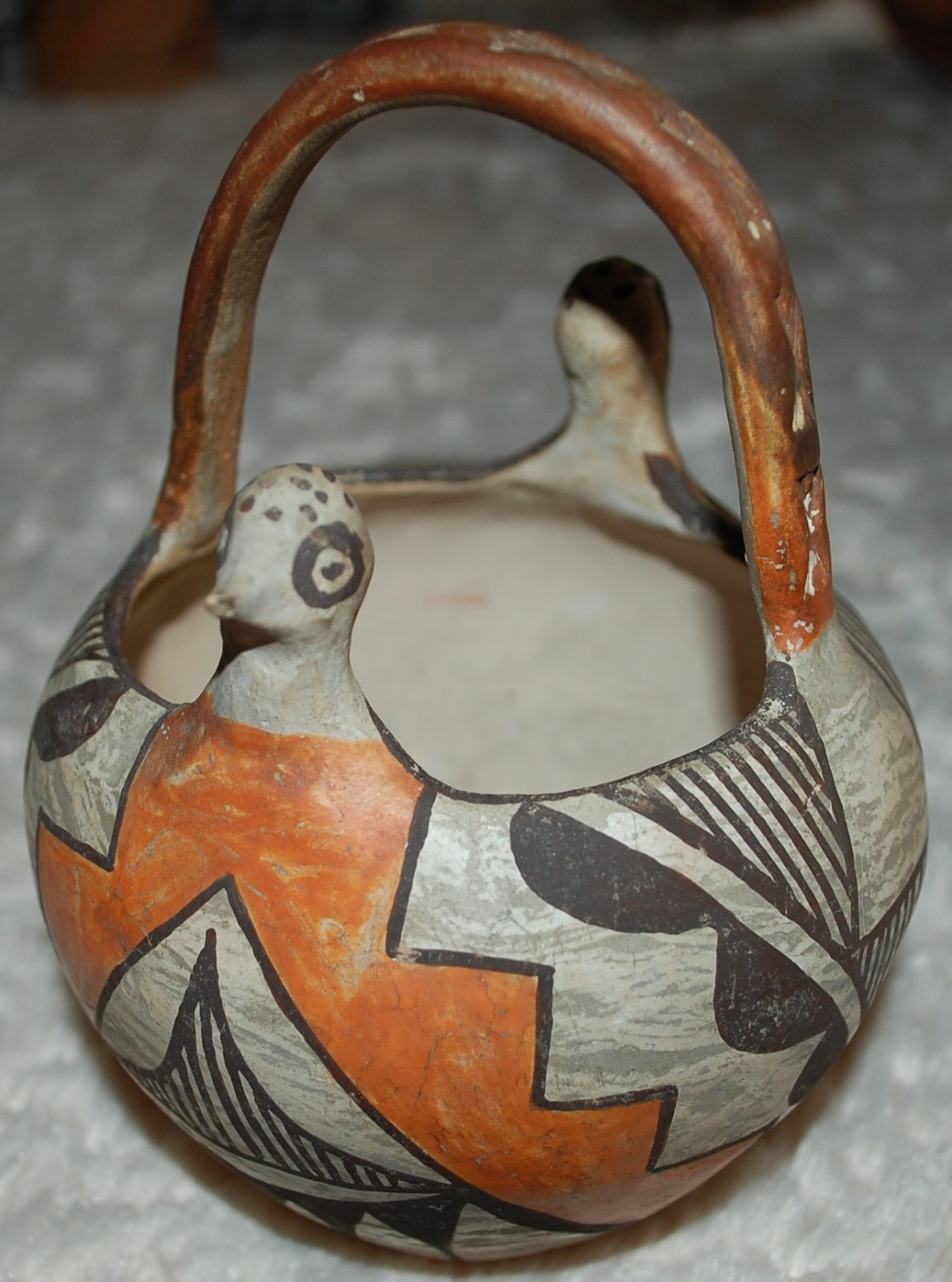 Early Isleta Double-Headed Pottery Bowl w/eight X engraved handle-1910-1920's