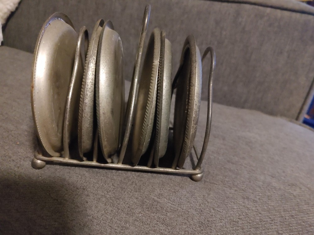 Vtg Silver Plated Coasters W/ Caddy